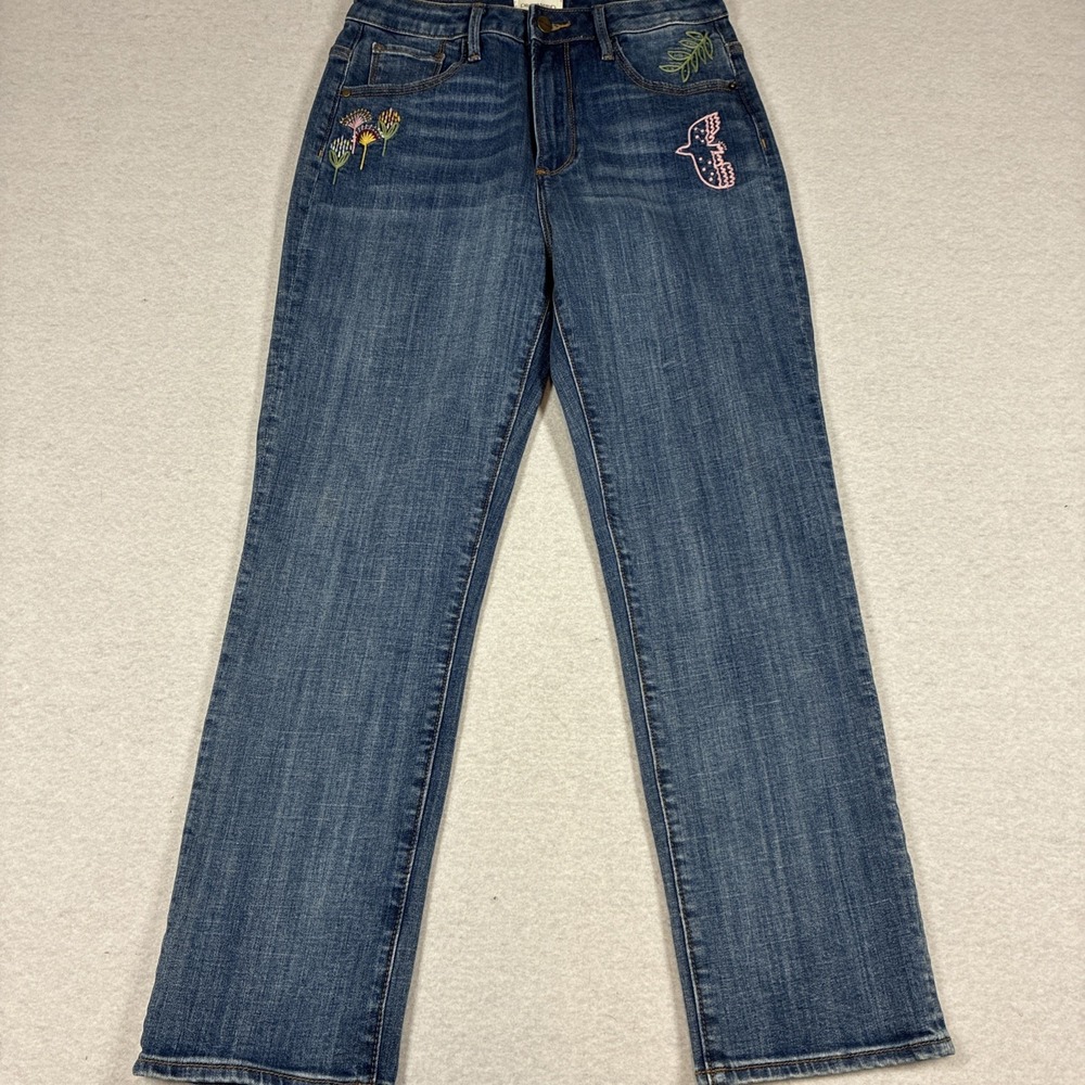 Driftwood Stella Floral Embroidered Straight Leg Jeans Womens Size 27 Boho